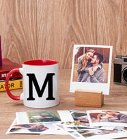 Baş Harfli Kırmızı Kupa Bardak ve Ahşap Standlı Polaroid Set