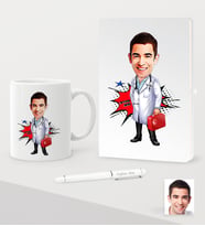 BK Gift Kişiye Özel Bay Doktor Karikatürlü Beyaz Defter Kalem Kupa Seti - 4 (Model 1)