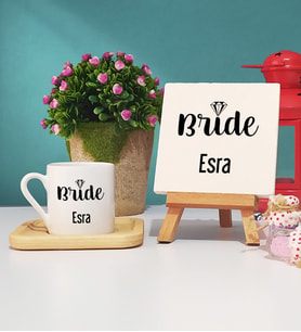 Bride Gelin Tasarımlı Kişiye Özel Bride Gelin Ahşap Altlıklı Türk Kahvesi Fincanı ve Dekoratif Taş Baskı
