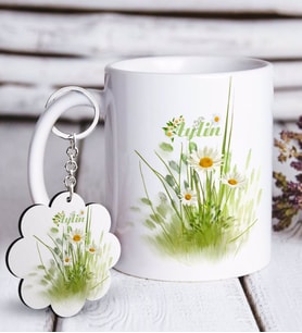 BK Gift Kişiye Özel Papatya Tasarımlı Beyaz Kupa ve Anahtarlık Hediye Seti-13 (Model 1)