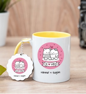 Aşık Çiftlere Özel Sarı Kupa Bardak Ve Anahtarlık Set