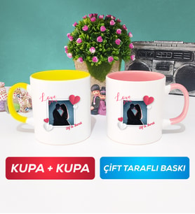İkili Sevgiliye Sevgililer Günü Hediyesi 7 Kupa Bardak Sarı Pembe