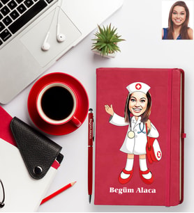 Kişiye Özel Hemşire Karikatürlü Kırmızı Defter Kalem Hediye Seti Bayan-1