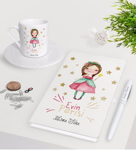 BK Gift Kişiye Özel Evin Perisi Beyaz Defter Kalem Türk Kahvesi Fincanı Seti-3 (Model 1)