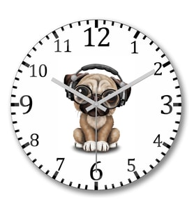 Müzik Pug Köpek Duvar Saati Bombeli Gercek Cam