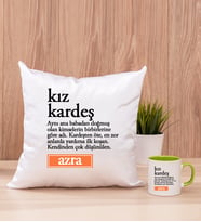 Kız Kardeş Kelime Anlamı Kare Yastık ve Yeşil Kupa Bardak