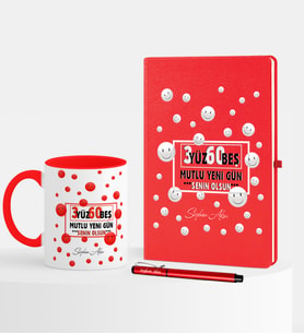 BK Gift Kişiye Özel 365 Mutlu Yeni Gün Temalı Kırmızı Defter Kalem Kupa Seti - 1