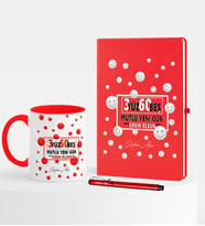 BK Gift Kişiye Özel 365 Mutlu Yeni Gün Temalı Kırmızı Defter Kalem Kupa Seti - 1