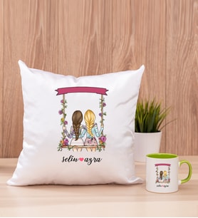 Best Friends Salıncak Tasarım Kare Yastık ve Yeşil Kupa Bardak