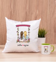 Best Friends Salıncak Tasarım Kare Yastık ve Yeşil Kupa Bardak
