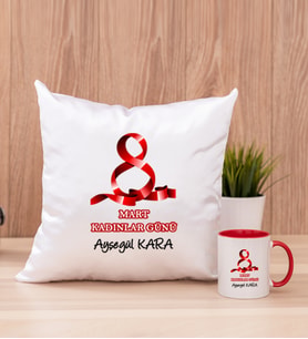 Kadınlar Günü Hediyesi  Kare Yastık ve Kırmızı Kupa Bardak