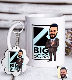 BK Gift Kişiye Özel Erkek Big Boss Karikatürlü Beyaz Kupa ve Anahtarlık Hediye Seti-1 (Model 1)
