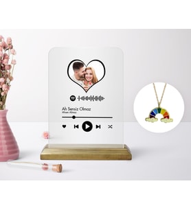 BK Gift Kişiye Özel Kalpli Fotoğraflı Spotify Barkodlu Plak ve Çift Harfli Bulut Kolye Seti-1
