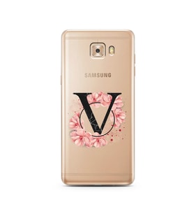 Pembe Çiçekli Harf Tasarım Süper Şeffaf Silikon Telefon Kılıfı Samsung C9 Pro V-