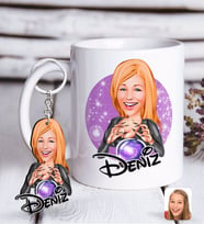 BK Gift Kişiye Özel Kadın Astrolog Karikatürlü Beyaz Kupa ve Anahtarlık Hediye Seti-1 (Model 1)