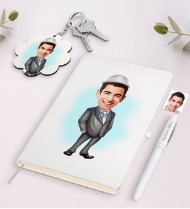 BK Gift Kişiye Özel Erkek Mühendis Karikatürlü Beyaz Defter Kalem ve Anahtarlık Hediye Seti (Model 1)