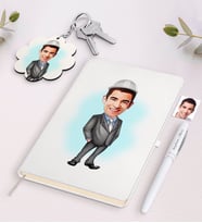 BK Gift Kişiye Özel Erkek Mühendis Karikatürlü Beyaz Defter Kalem ve Anahtarlık Hediye Seti (Model 1)