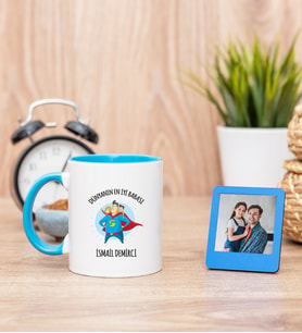 Süper Baba Mavi Kupa Bardak ve Mavi Mini Fotoğraf Çerçevesi