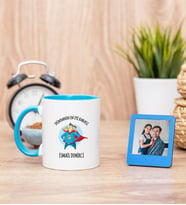 Süper Baba Mavi Kupa Bardak ve Mavi Mini Fotoğraf Çerçevesi