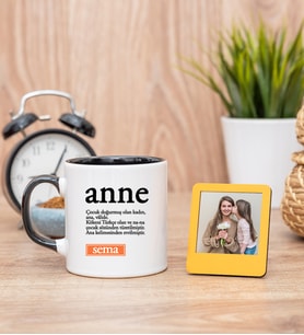 Anne Kelime Anlamı Siyah Kupa Bardak ve Sarı Mini Fotoğraf Çerçevesi