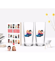 BK Gift Kişiye Özel Renkli Baskılı Sevgililer Karikatürlü İkili Rakı Bardağı ve Rakı Cep Kitabı Hediye Seti-52 (Model 1)