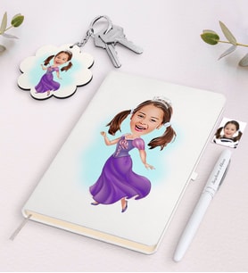 BK Gift Kişiye Özel Kız Çocuk Prenses Karikatürlü Beyaz Defter Kalem ve Anahtarlık Hediye Seti-3 (Model 1)