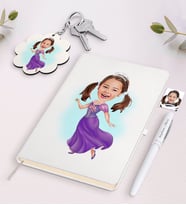 BK Gift Kişiye Özel Kız Çocuk Prenses Karikatürlü Beyaz Defter Kalem ve Anahtarlık Hediye Seti-3 (Model 1)