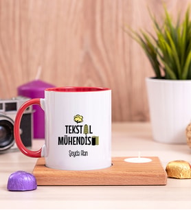 Tekstil Mühendisi Ahşap Altlıklı Mumlu Kırmızı Kupa Bardak
