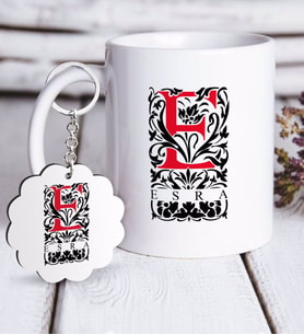 BK Gift Kişiye Özel Harfli Beyaz Kupa ve Anahtarlık Hediye Seti-7 (Model 1)