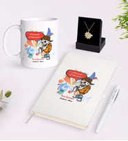 BK Gift Kişiye Özel Resim Öğretmeni Beyaz Kupa Defter Kalem ve İsimli Papatya Kolye Hediye Seti-1 (Model 1)
