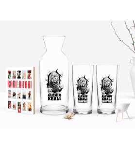BK Gift Kişiye Özel Renkli Baskılı Alemin Kralı Tasarımlı İkili Rakı Bardağı Karaf ve Cep Kitabı Hediye Seti-1 (Model 1)