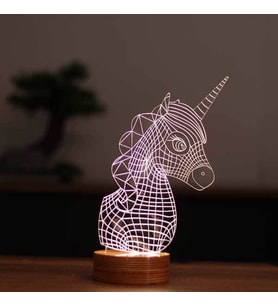 Unicorn Figürlü Dekoratif Hediye Led Masa Lambası 7 Işık Rengi Ahşap Taban
