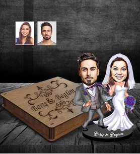 Kişiye Özel Gelin Damat Karikatürlü Ahşap Biblo Kutulu Mod-6