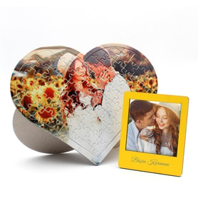 Kişiye Özel Fotoğraflı Romantik Kalp Puzzle & Sarı Renk İnstagram Çerçevesi Hediye Seti