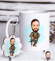 BK Gift Kişiye Özel Asker Karikatürlü Beyaz Kupa ve Anahtarlık Hediye Seti-2 (Model 1)