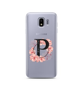 Pembe Çiçekli Harf Tasarım Süper Şeffaf Silikon Telefon Kılıfı Samsung J4 P-Harf