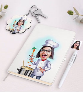 BK Gift Kişiye Özel Kadın Chef Karikatürlü Beyaz Defter Kalem ve Anahtarlık Hediye Seti-1 (Model 1)