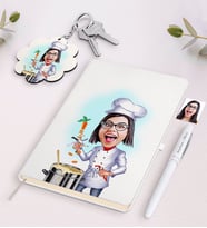 BK Gift Kişiye Özel Kadın Chef Karikatürlü Beyaz Defter Kalem ve Anahtarlık Hediye Seti-1 (Model 1)