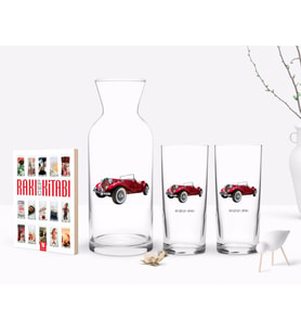 BK Gift Kişiye Özel Renkli Baskılı Retro Otomobil Tasarımlı İkili Rakı Bardağı Karaf ve Cep Kitabı Hediye Seti-4 (Model 1)