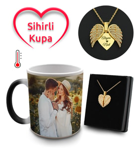 Romantik Kalpli Kişiye Özel Fotoğraflı Sihirli Kupa & Melek Kanatlı Kolye Hediye Seti