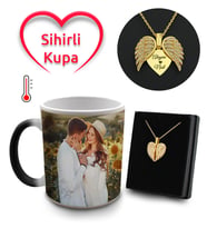 Romantik Kalpli Kişiye Özel Fotoğraflı Sihirli Kupa & Melek Kanatlı Kolye Hediye Seti