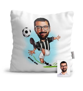 BK Gift Kişiye Özel Futbolcu Siyah Beyaz Karikatür  Yastık  1