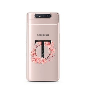 Pembe Çiçekli Harf Tasarım Süper Şeffaf Silikon Telefon Kılıfı Samsung A80 T-Har
