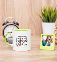 Aşk Her Zaman Kazanır Yeşil Kupa Bardak ve Yeşil Mini Fotoğraf Çerçevesi