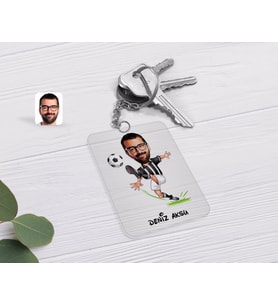 BK Gift Kişiye Özel Erkek Siyah Beyaz Futbolcu Karikatürlü Şeffaf Pleksi Anahtarlık-1