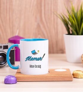 Memur Ahşap Altlıklı Mumlu Mavi Kupa Bardak