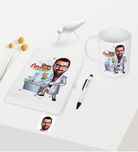 BK Gift Kişiye Özel Bay Kimya Öğretmeni Temalı Karikatürlü Beyaz Defter Kalem Kupa Seti - 2