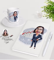 BK Gift Kişiye Özel Bayan Patron Karikatürlü Beyaz Defter Kalem Türk Kahvesi Fincanı Seti-1 (Model 1)