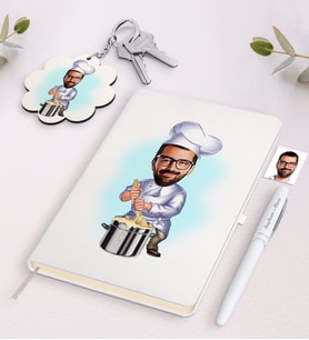 BK Gift Kişiye Özel Erkek Aşçı Karikatürlü Beyaz Defter Kalem ve Anahtarlık Hediye Seti (Model 1)