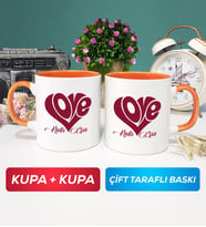 İkili Love Tasarımlı Sevgililer Günü Hediyesi Kupa Bardak Turuncu